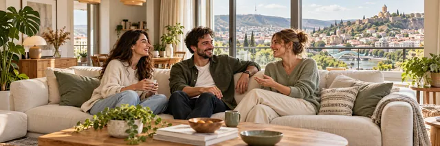 AI-generated illustrative scene of happy people relaxing in a comfortable living room.