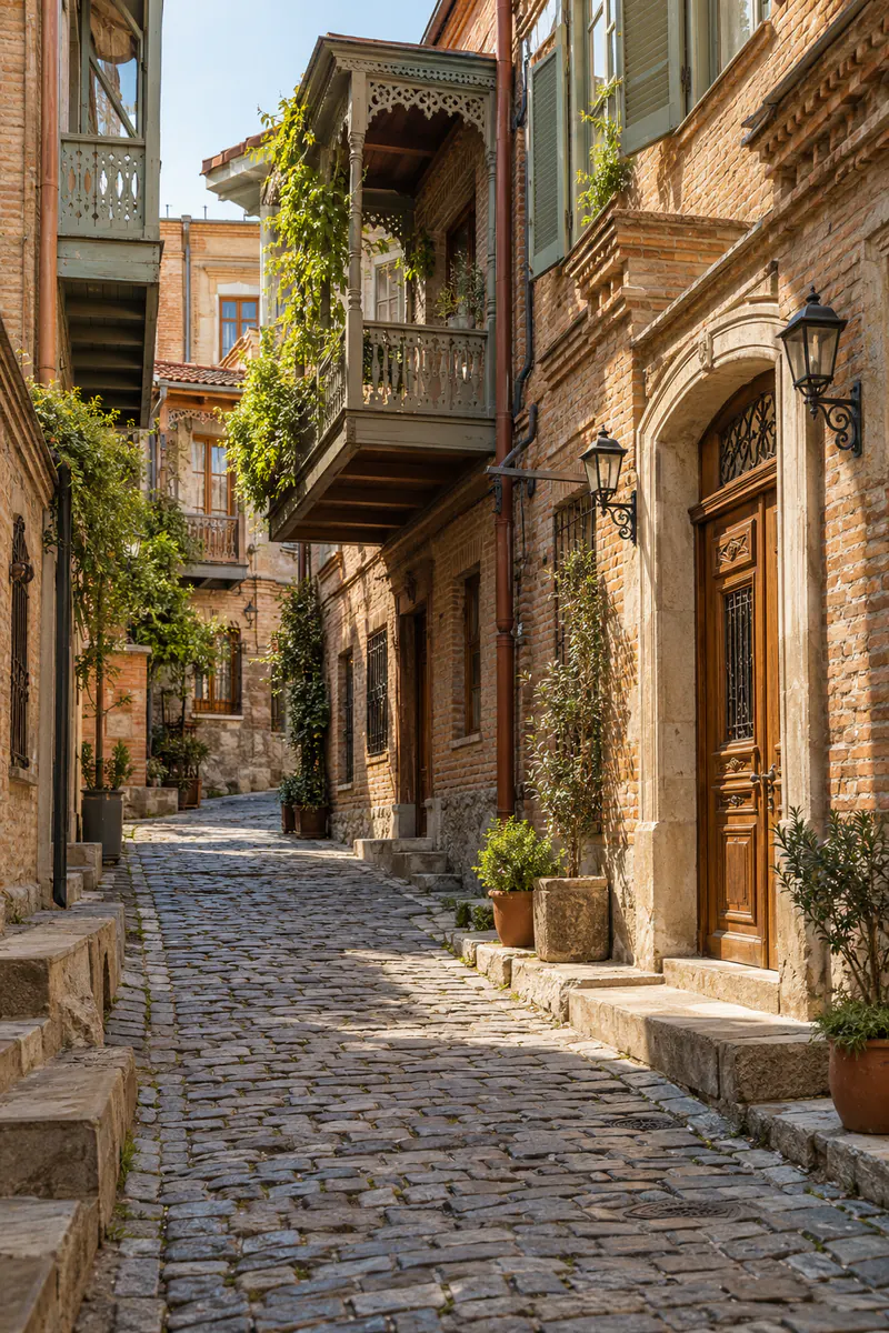 AI-generated image of stone buildings and carved wooden balconies in Old Tbilisi
